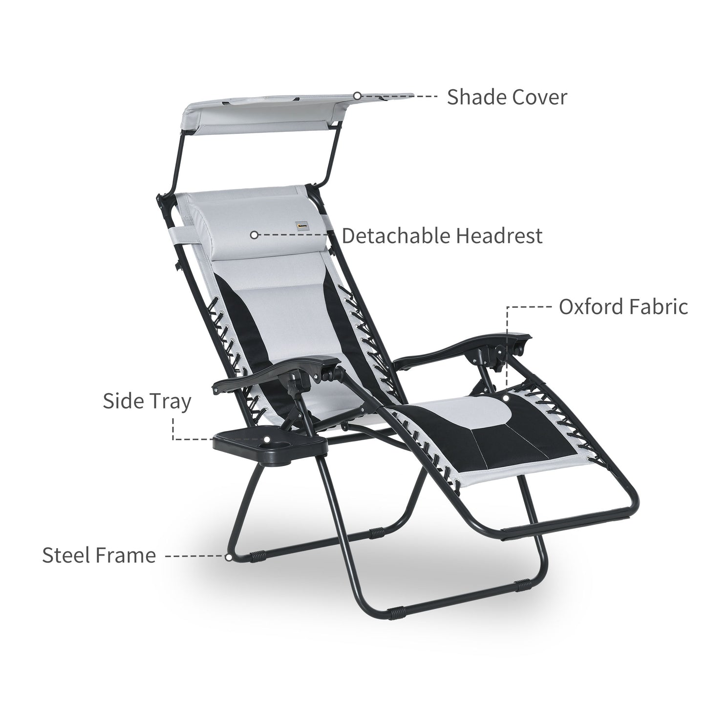 Outsunny Zero Gravity Garden Loungers, Folding Reclining Patio Chair with Shade Cover, Cup Holder and Headrest for Poolside, Camping, Grey | Aosom UK