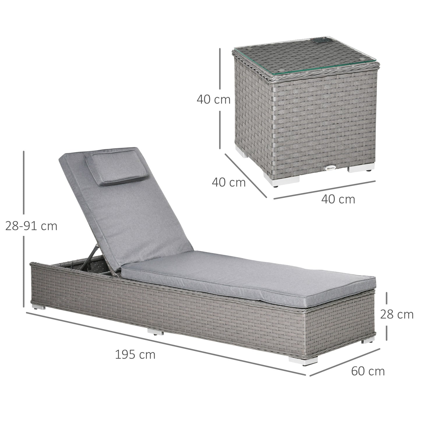 Outsunny 3 Piece Rattan Sun Lounger Set, Garden Furniture with Side Table, 5-Position Adjustable Recline Chair, Grey