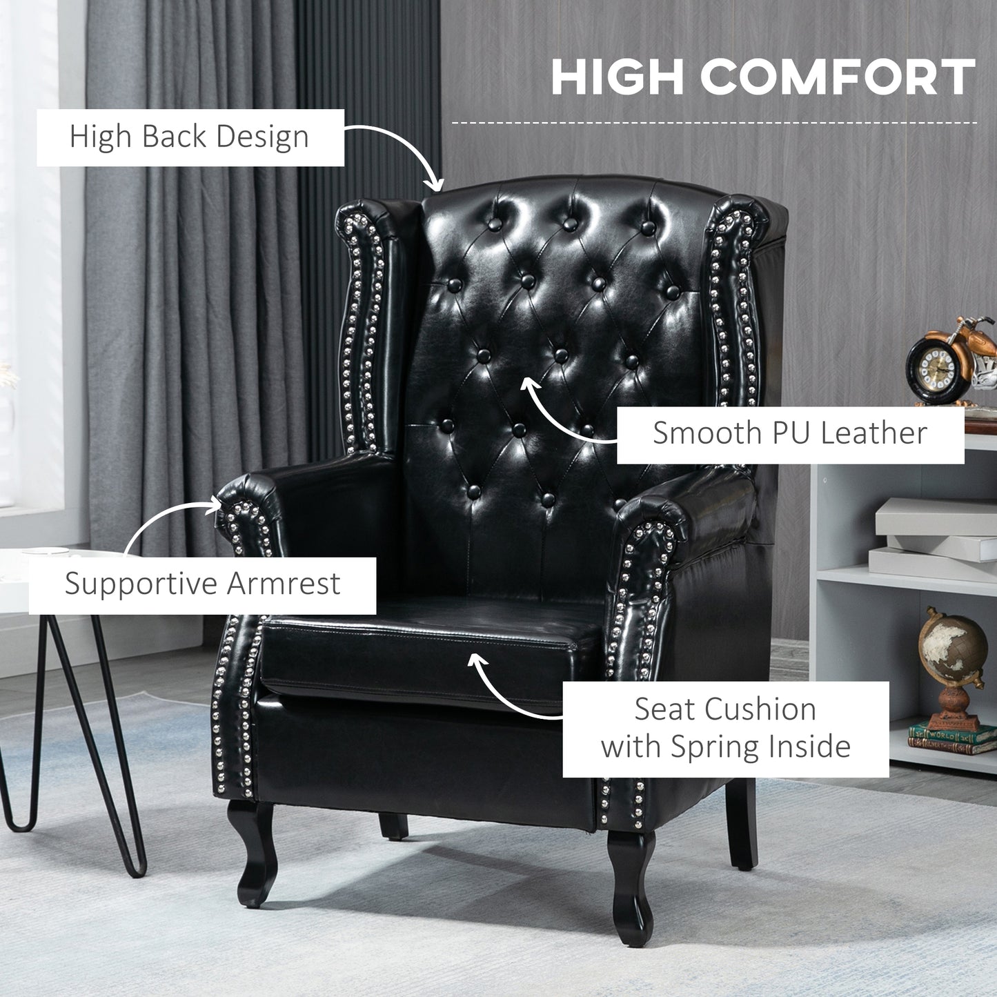 HOMCOM Chesterfield-style Wingback Accent Chair, Tufted Armchair with Nail Head Trim for Living Room Bedroom, Black