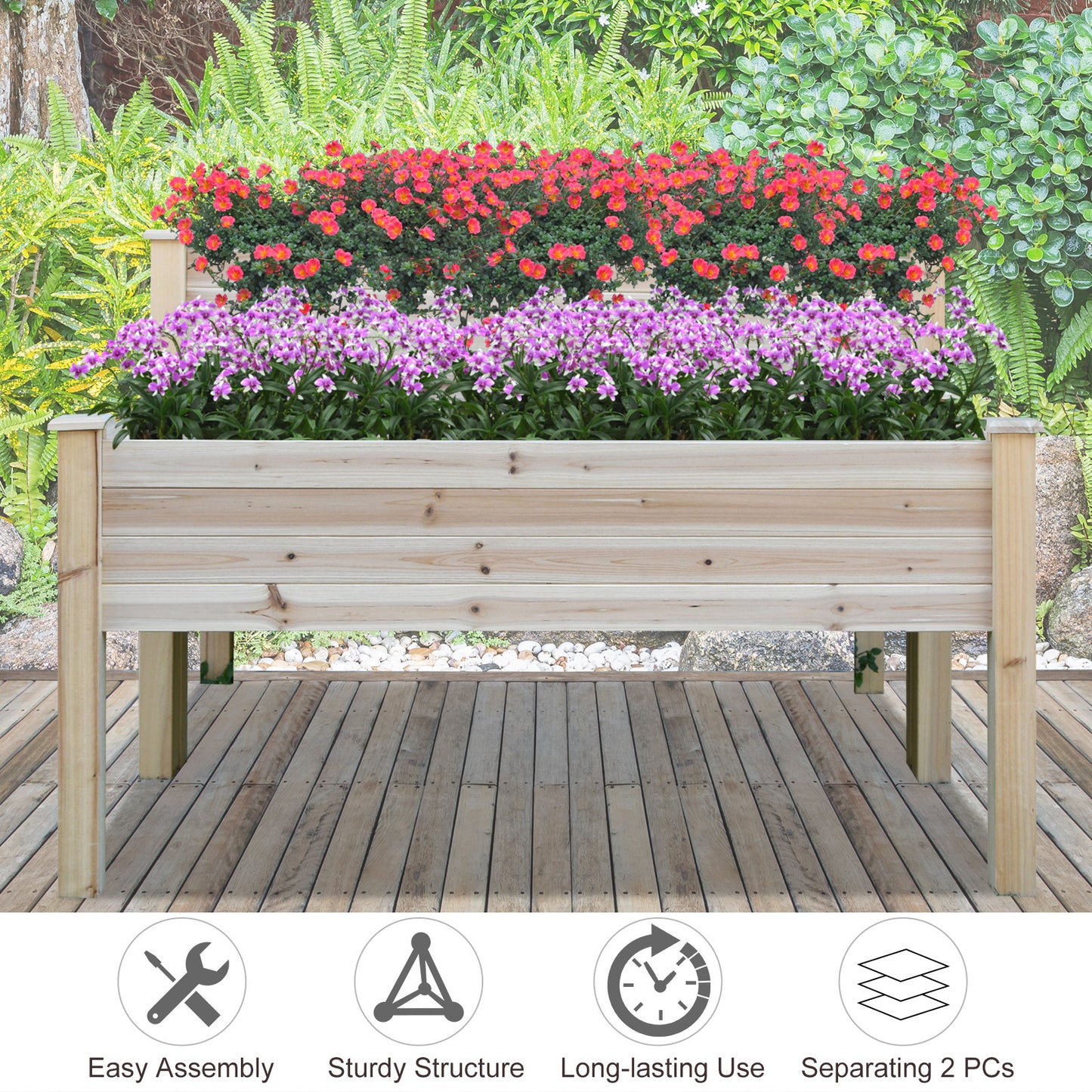 Outsunny 2-Piece Solid Fir Wood Plant Raised Bed Flower Vegetable Herb Grow Box Stand Garden Step Planter Stand Free Combination