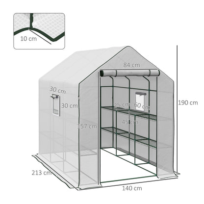 Outsunny Walk-in Greenhouse with PE Cover, 3 Tier Shelves, Roll-up Door & Mesh Windows, 140 x 213 x 190cm, White