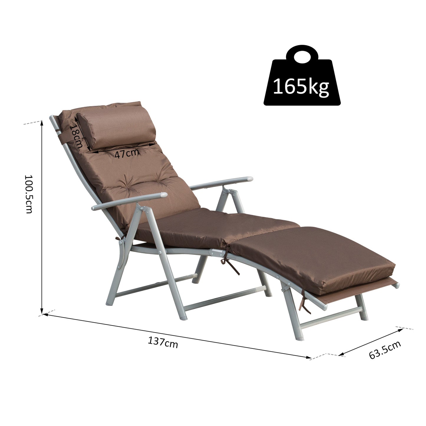 Outsunny Garden Sun Lounger, Foldable Reclining Chair with Pillow and Adjustable Back, Texteline Fabric, Brown