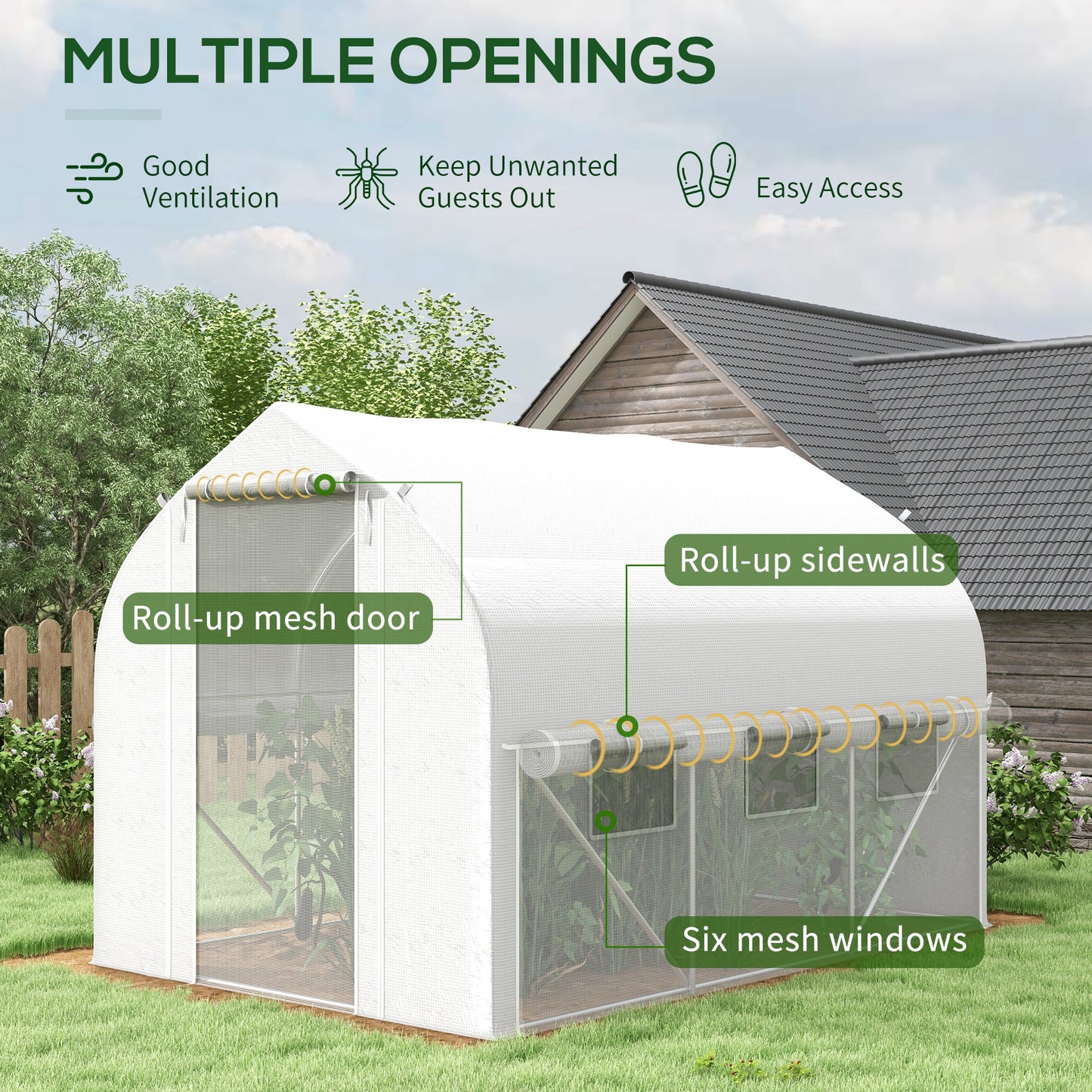 Outsunny 3 x 2m Walk-in Polytunnel Greenhouse, Zipped Roll Up Sidewalls, Mesh Door, Mesh Windows, Tunnel Warm House Tent w/ PE Cover, White