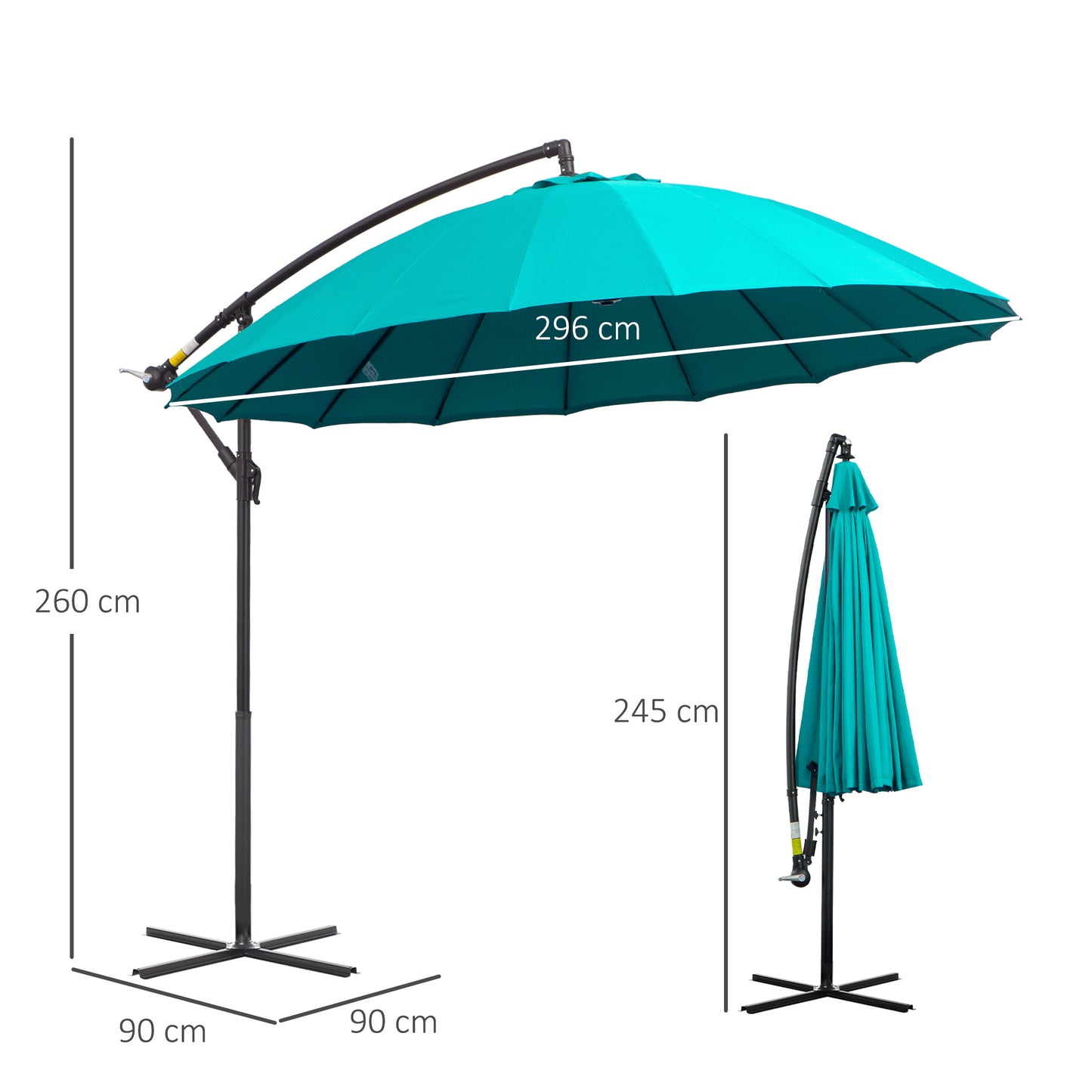 Outsunny 3(m) Cantilever Shanghai Parasol Garden Hanging Banana Sun Umbrella with Crank Handle, 18 Sturdy Ribs and Cross Base, Turquoise