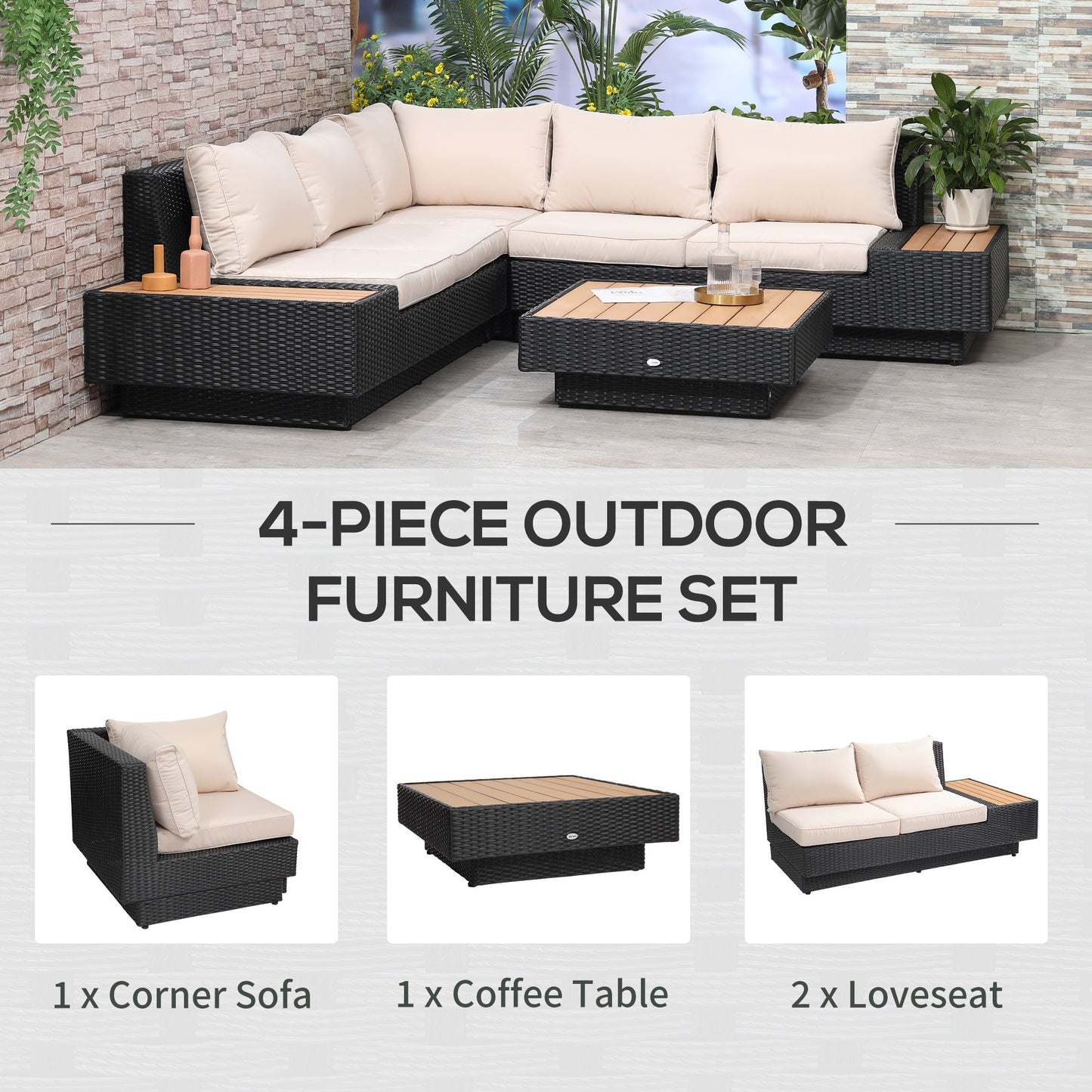 Outsunny 5-Seater Rattan Garden Furniture Outdoor Sectional Corner Sofa and Coffee Table Set  Conservatory Wicker Weave w/ Armrest and Cushions, Black
