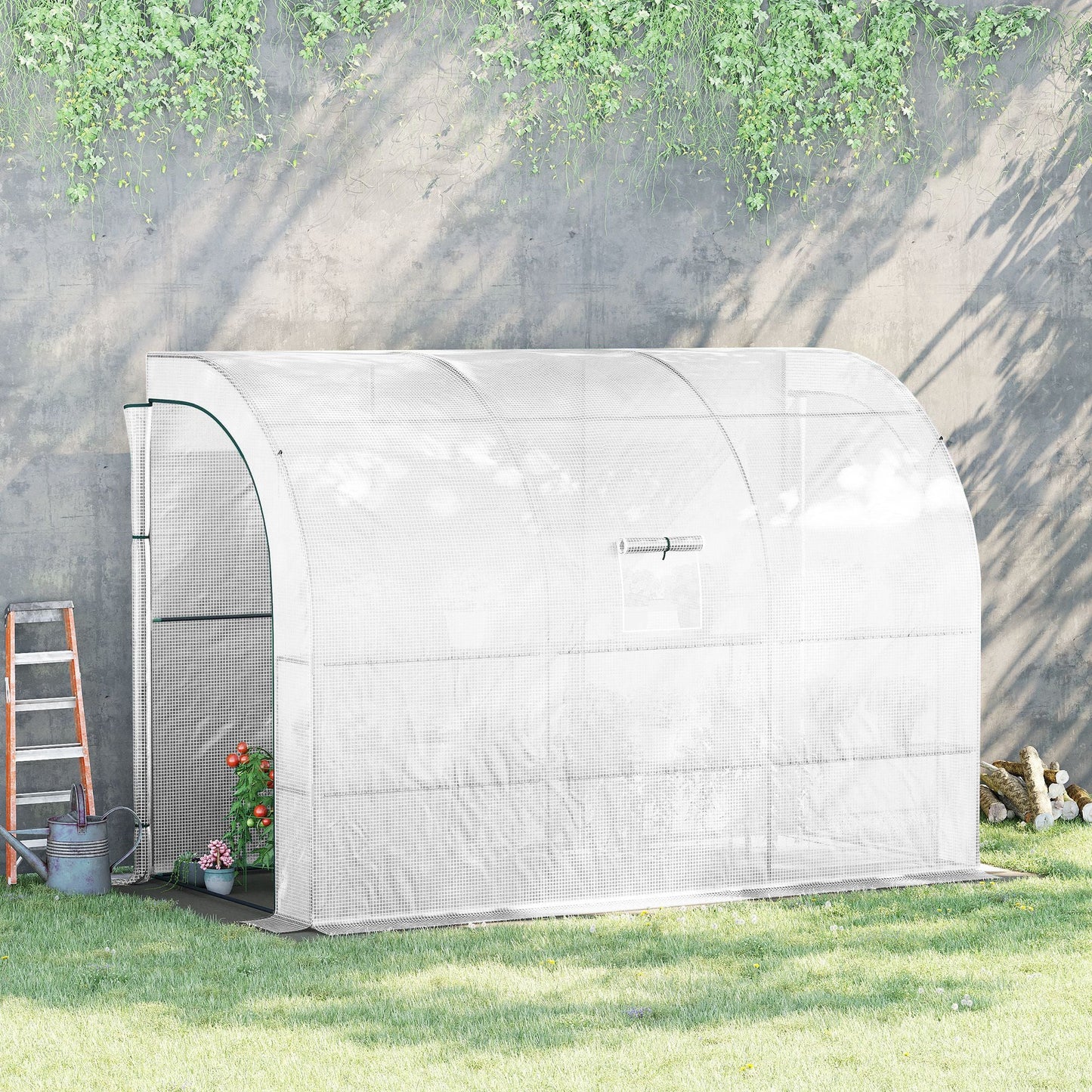 Outsunny Walk-In Greenhouse: Outdoor Plant Nursery with Zippered Doors, PE Cover, 3-Tier Shelves, White, 300x150x213cm