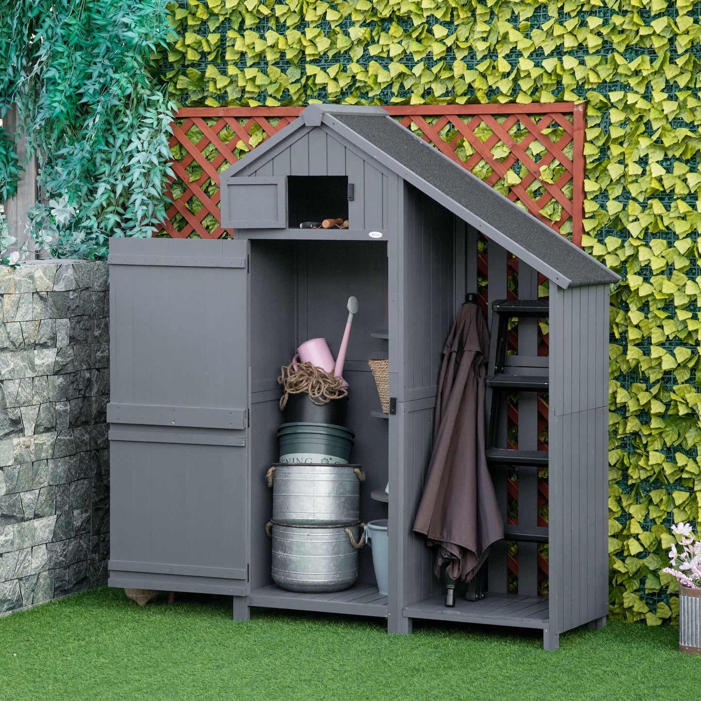 Outsunny Garden Outdoor Storage Shed Outdoor Tool Shed with 3 Shelves and Tilt Roof, 129x51.5x180cm, Grey