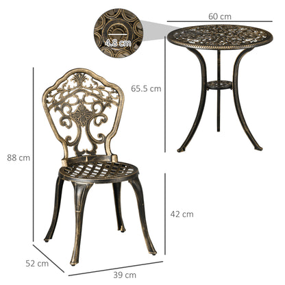 Outsunny 3 Piece Cast Aluminium Garden Bistro Set for 2 with Parasol Hole, Outdoor Coffee Table Set, Two Armless Chairs and Round Coffee Table