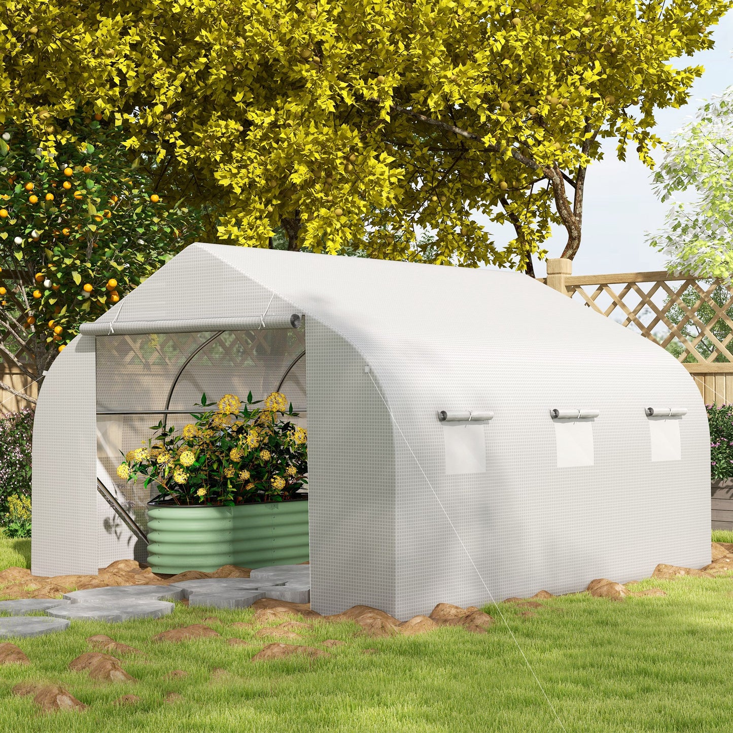 Outsunny 3.5 x 3 x 2m Walk-In Greenhouse Polytunnel Greenhouse Garden Hot House with Steel Frame, Roll Up Door and Windows, White