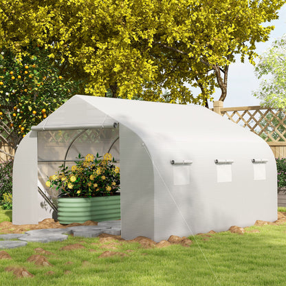 Outsunny 3.5 x 3 x 2m Walk-In Greenhouse Polytunnel Greenhouse Garden Hot House with Steel Frame, Roll Up Door and Windows, White