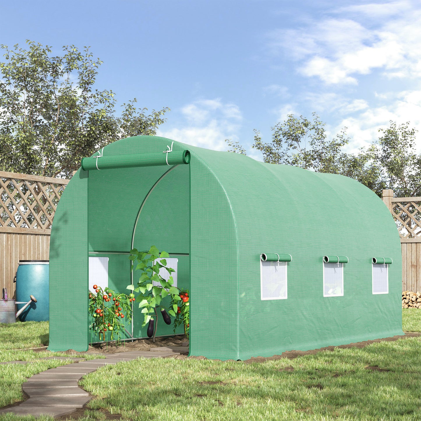 Outsunny Walk-in Greenhouse: Tunnel Design with Door & Ventilation Window, 4.5m x 2m x 2m, Green