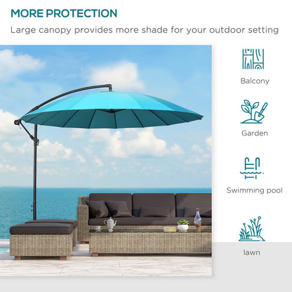 Outsunny 3(m) Cantilever Shanghai Parasol Garden Hanging Banana Sun Umbrella with Crank Handle, 18 Sturdy Ribs and Cross Base, Turquoise