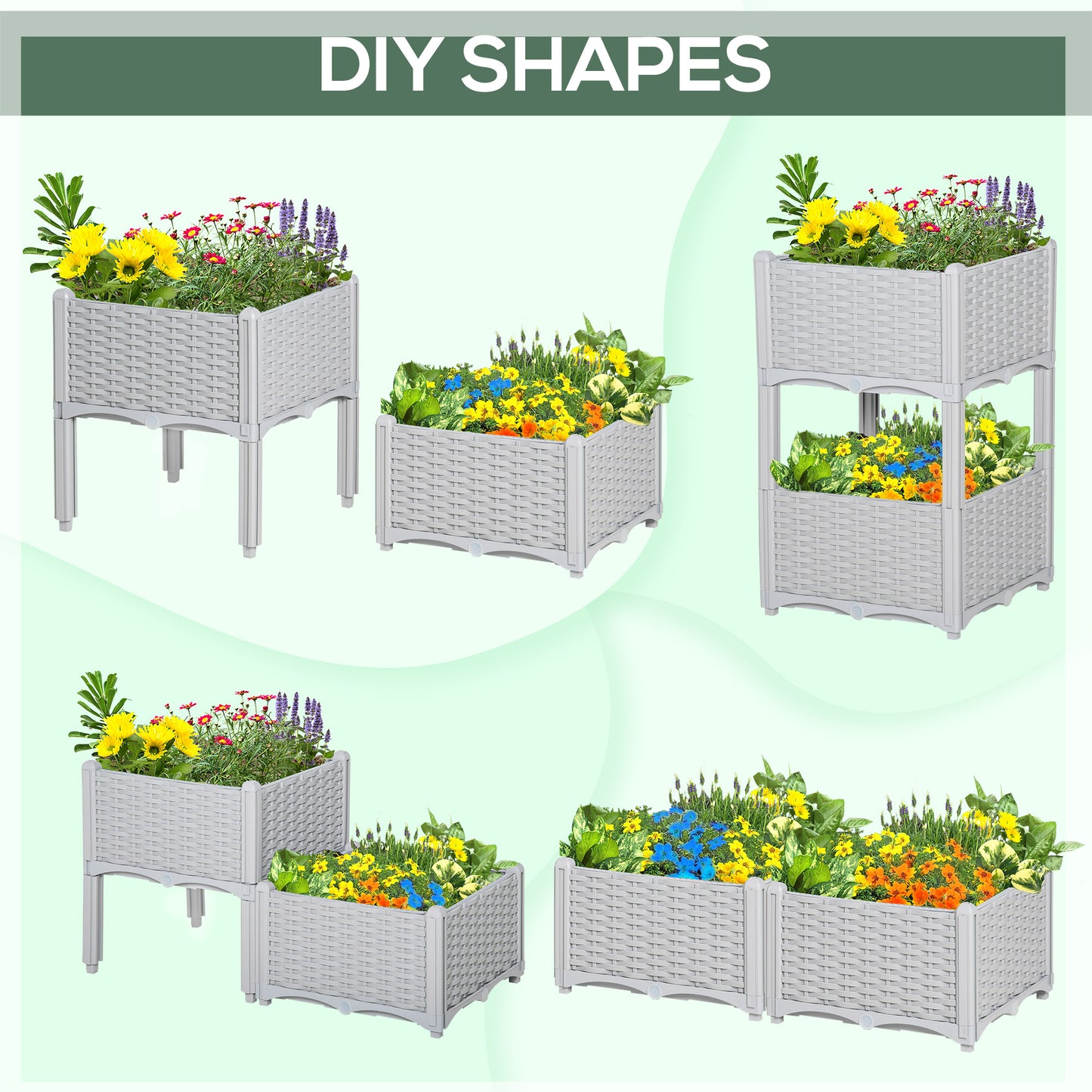 Outsunny 40cm x 40cm x 44cm Set of 2 Garden Raised Bed Elevated Patio Flower Plant Planter Box PP Vegetables Planting Container, Grey