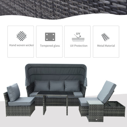 Outsunny Rattan Garden Sofa Set, 5-Seater Outdoor Furniture with Reclining Sofa, Adjustable Canopy & Side Table, Mixed Grey