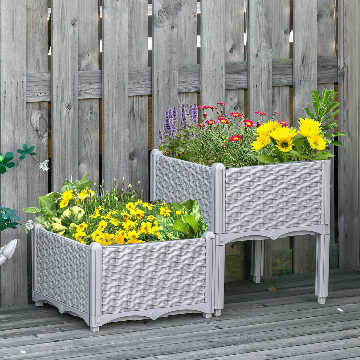 Outsunny 40cm x 40cm x 44cm Set of 2 Garden Raised Bed Elevated Patio Flower Plant Planter Box PP Vegetables Planting Container, Grey