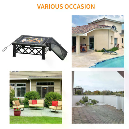 Outsunny 3 in 1 Square Fire Pit Square Table Metal Brazier for Garden, Patio with BBQ Grill Shelf, Spark Screen Cover, Grate, Poker, 76 x 76 x 47cm