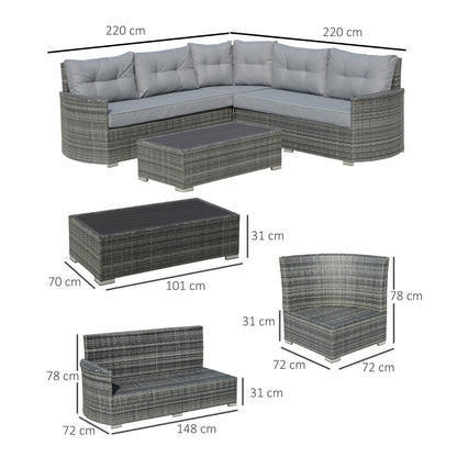 Outsunny Rattan Garden Sofa Set, 5-Seater PE Wicker Patio Furniture, Aluminium Frame with Cushions, Mixed Grey
