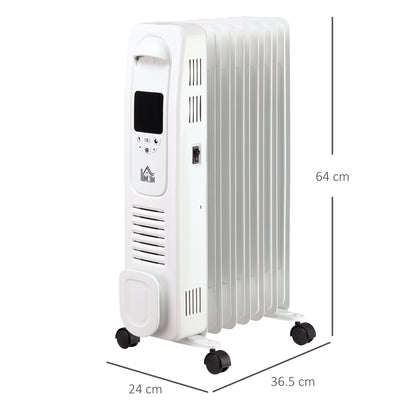 HOMCOM 1630W Digital Oil Filled Radiator, 7 Fin, Portable Electric Heater with LED Display, 3 Heat Settings, Safety Cut-Off and Remote Control, White