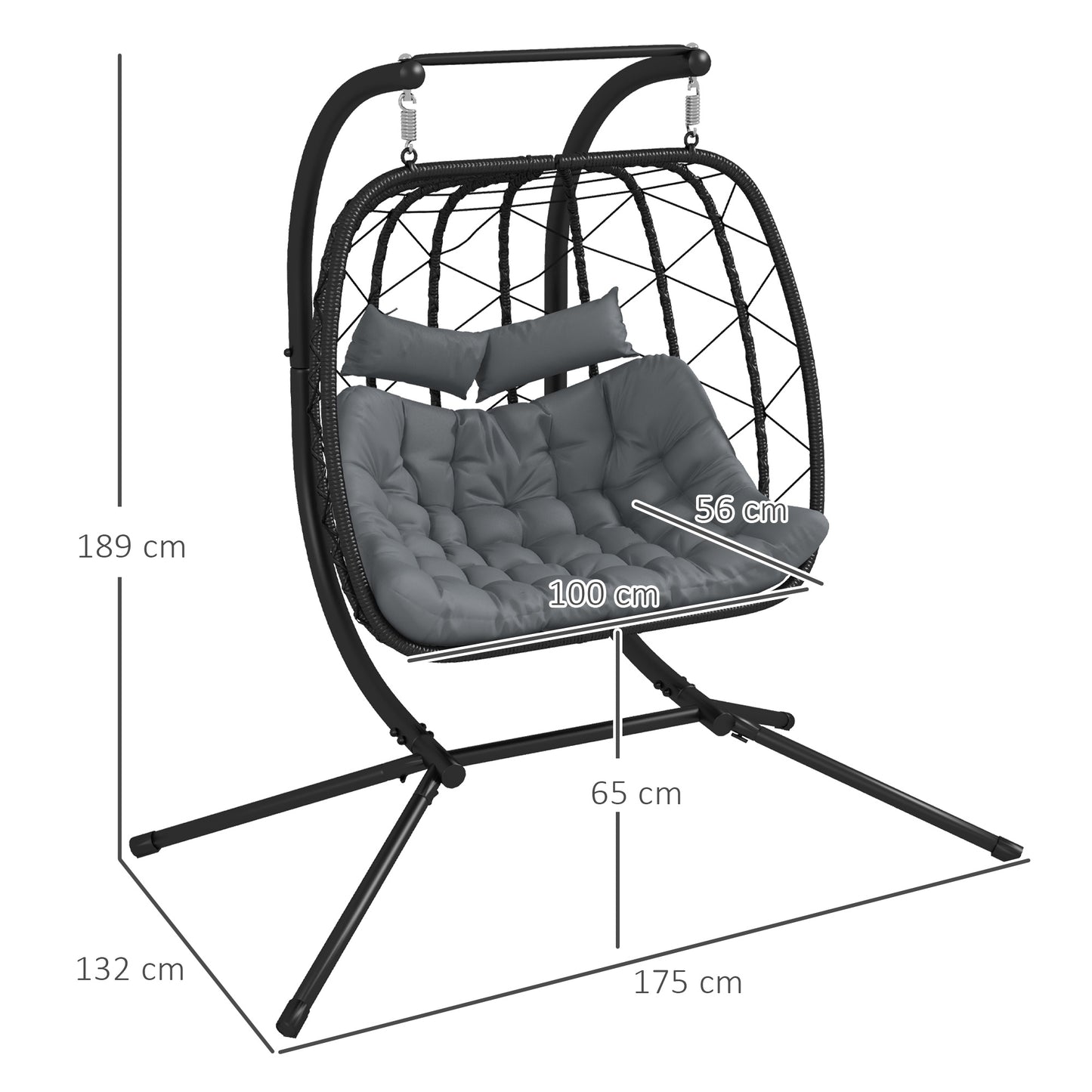 Outsunny Outdoor PE Rattan Double-seater Swing Chair w/ Thick Padded Cushion, Patio Hanging Chair for 2 w/ Metal Stand, Headrest, Black
