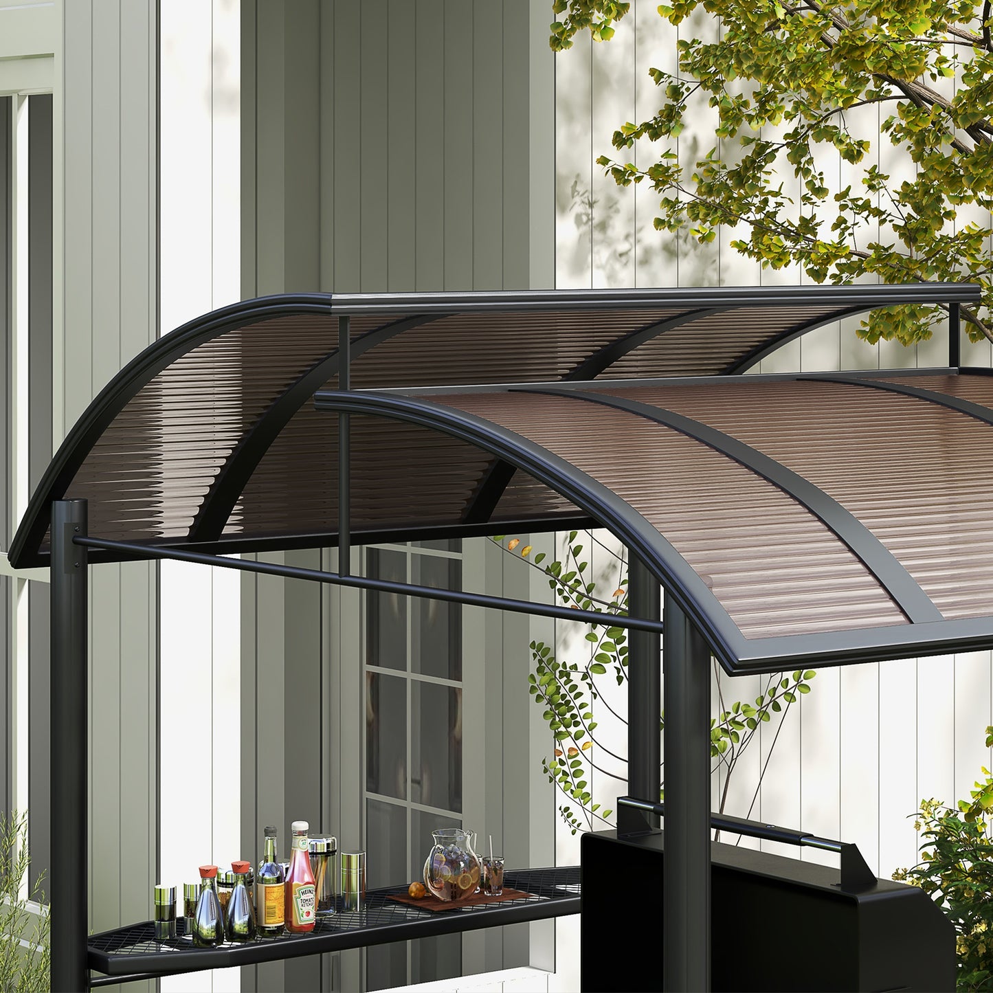 Outsunny 2.4 x 1.5m Outdoor Grill Gazebo with Side Shelves, PC Board Roof, Dark Grey