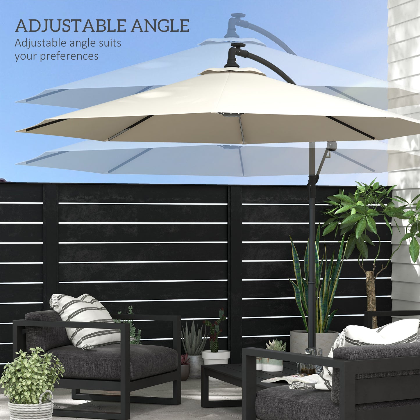 Outsunny 3(m) Cantilever Parasol with Solar LED Lights, Garden Umbrella with Cross Base and Crank Handle, Hanging Offset Banana Sun Shade for Outdoor, Patio, Beige