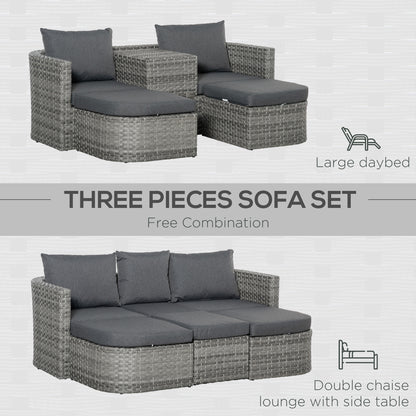 Outsunny 5-Seater Outdoor PE Rattan Sofa Set, Patio Wicker Conversation Double Chaise Lounge Furniture Set w/ Side Table, Large Daybed, Mixed Grey