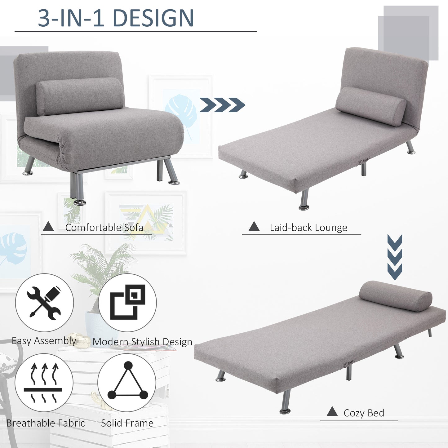 HOMCOM Single Sofa Bed Futon Chair Sleeper, Foldable Portable Lounge Couch, Living Room Furniture Grey