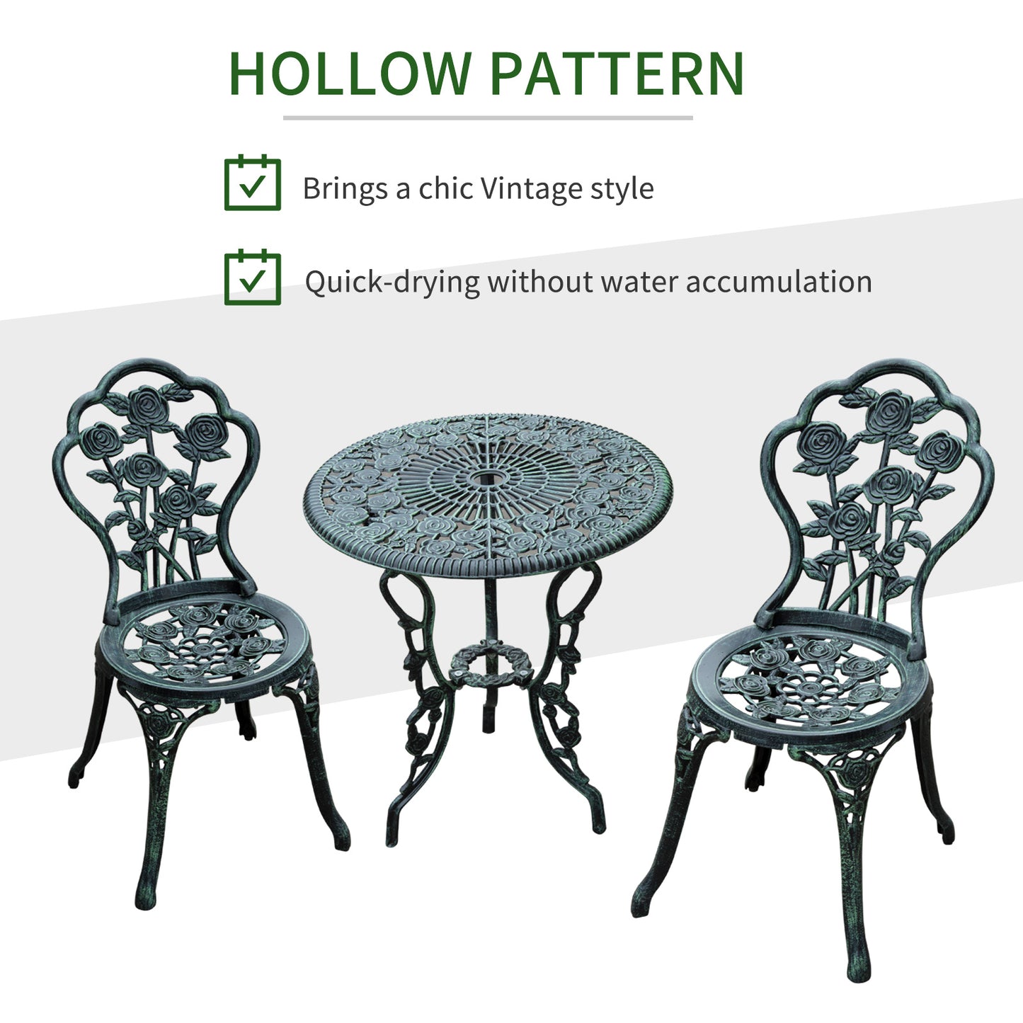 Outsunny Cast Aluminium Outdoor Patio Garden Bistro Elegant Design Table Chair Set - Green (3-Piece)