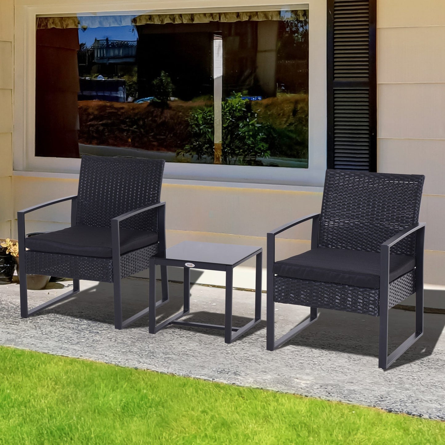 Outsunny Rattan Patio Lounge Set: 2 Seater Wicker Sofa, Coffee Table & Chairs, Conservatory Furniture, Black