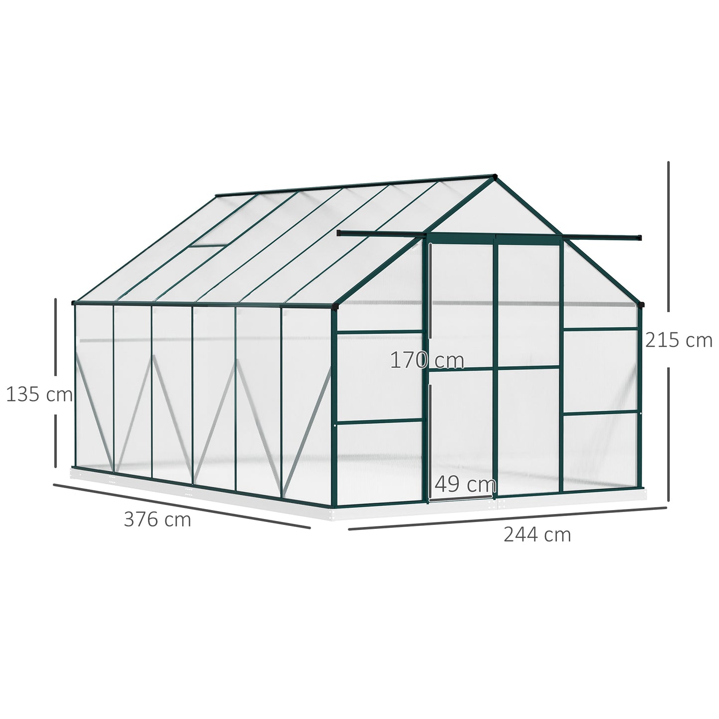 Outsunny Aluminium Greenhouse Polycarbonate Walk-in Garden Greenhouse Kit with Adjustable Roof Vent, Rain Gutter and Foundation, 8 x 12ft, Clear