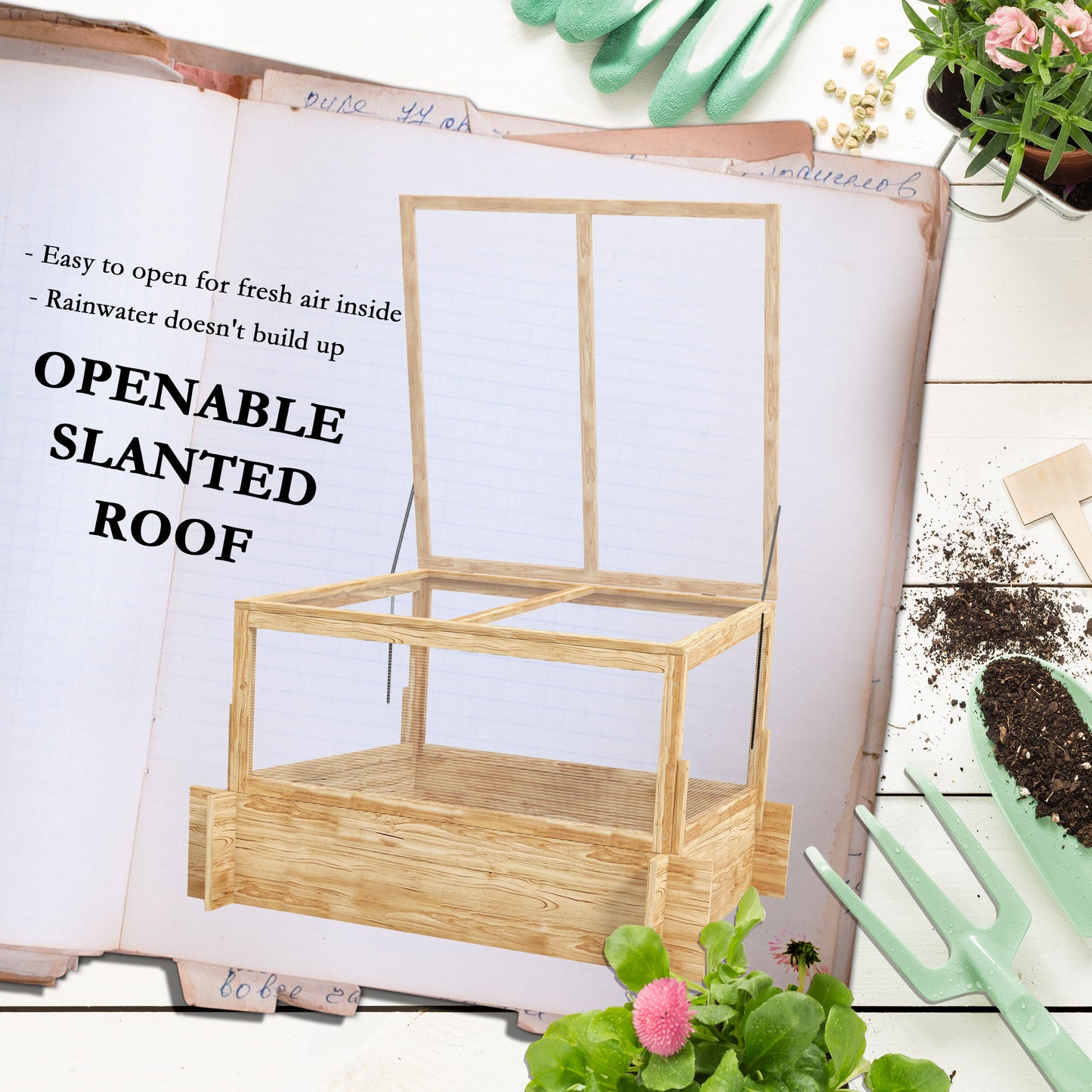 Outsunny Elevated Planter with Greenhouse: Wooden Box with Openable Top for Veggies, Flowers, and Herbs