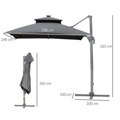 Outsunny 3m Cantilever Parasol, Outdoor Offset Patio Umbrella, Solar LED Lighted Hanging Sun Shade Canopy w/ Tilt and Crank Handle, Cross Base, Grey