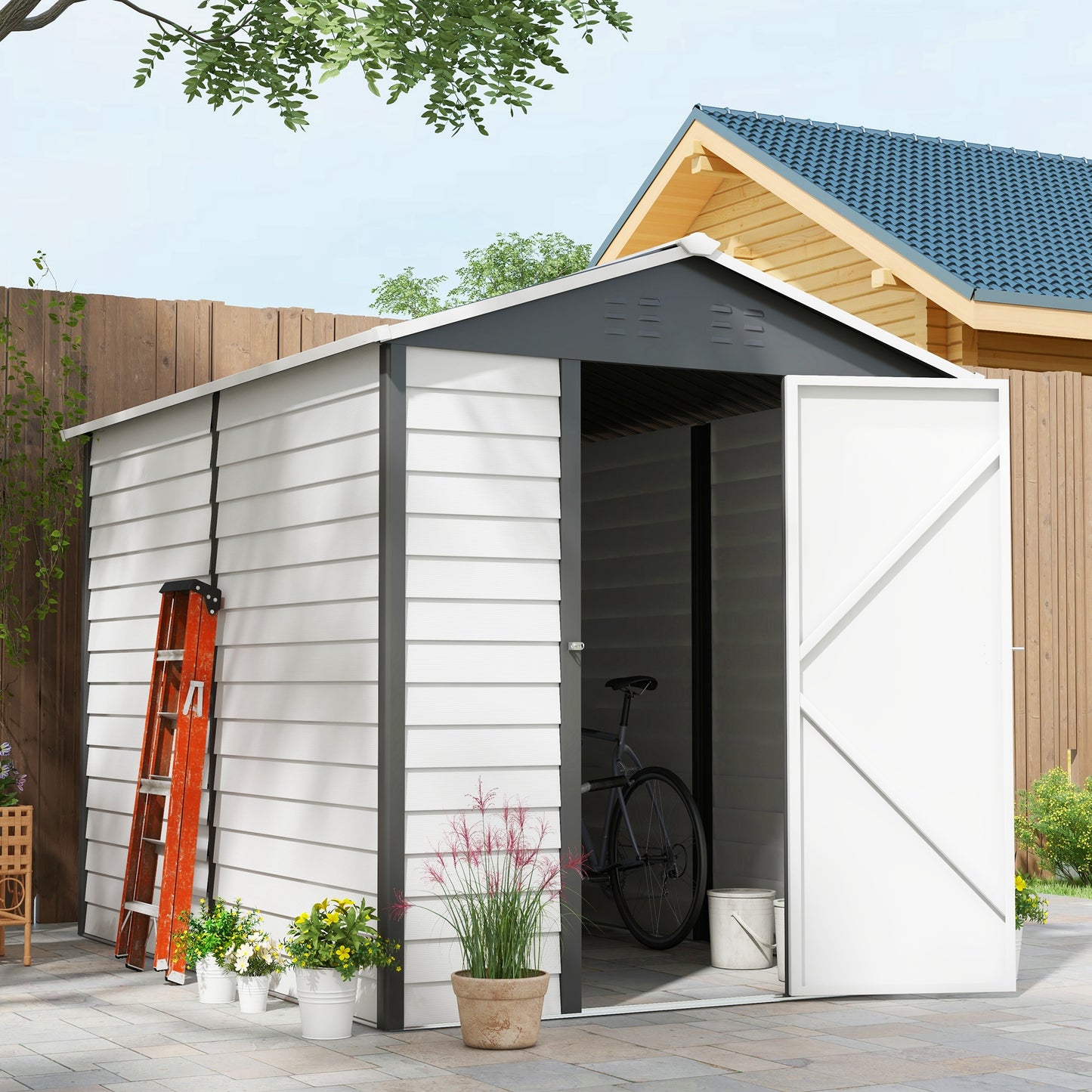 Outsunny 9x 6FT Metal Outdoor Garden Shed, Galvanised Tool Storage Shed w/ Sloped Roof, Lockable Door for Patio Lawn, Dark Grey