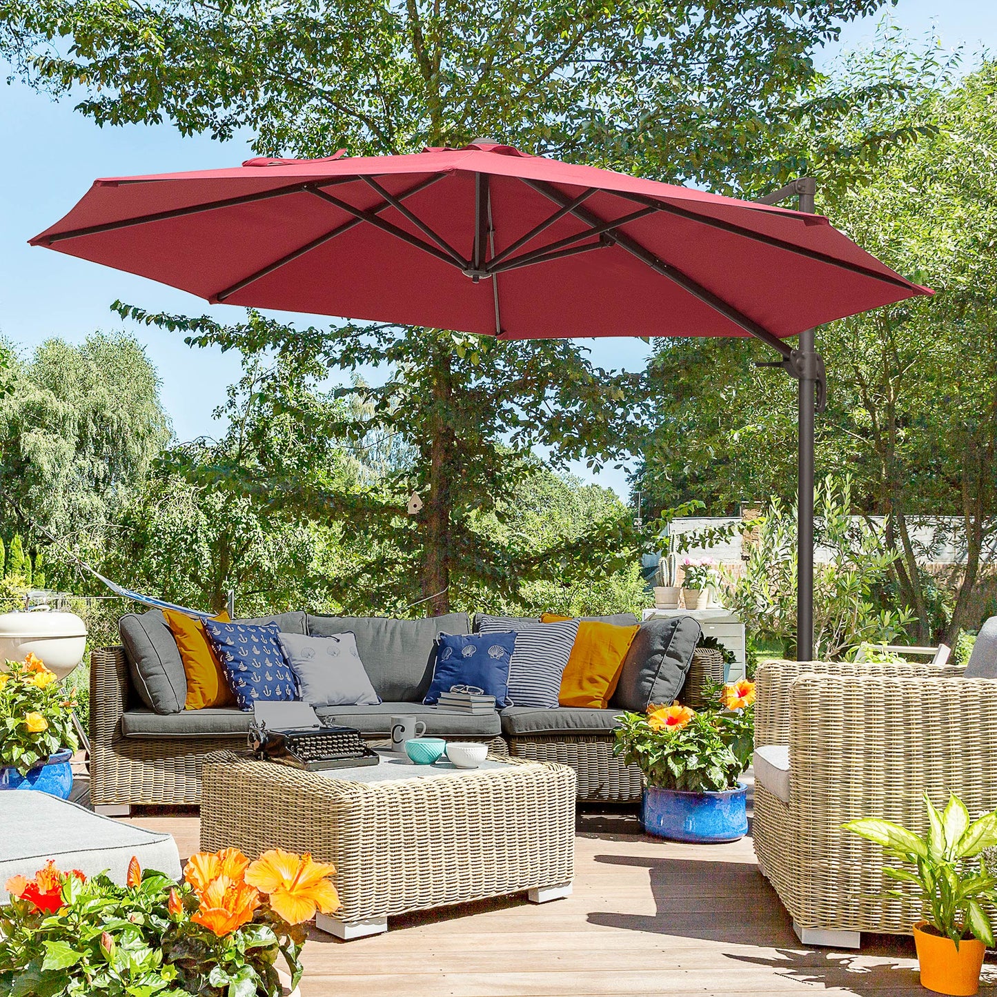 Outsunny 3m Cantilever Aluminium Frame 360 Rotation Hanging Parasol w/ Cross Base Wine Red