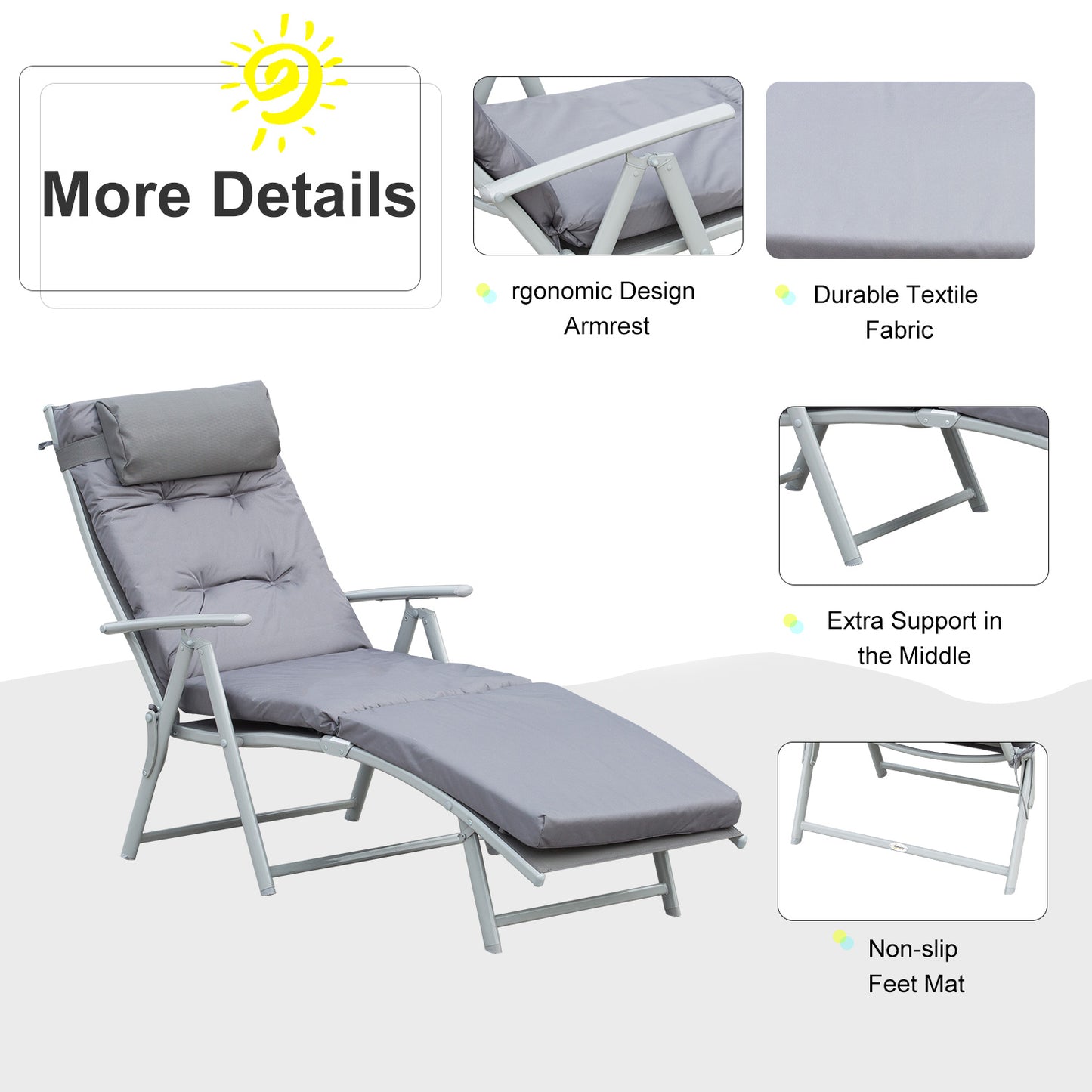 Outsunny Outdoor Patio Sun Lounger Garden Texteline Foldable Reclining Chair Pillow Adjustable Recliner with Cushion - Grey