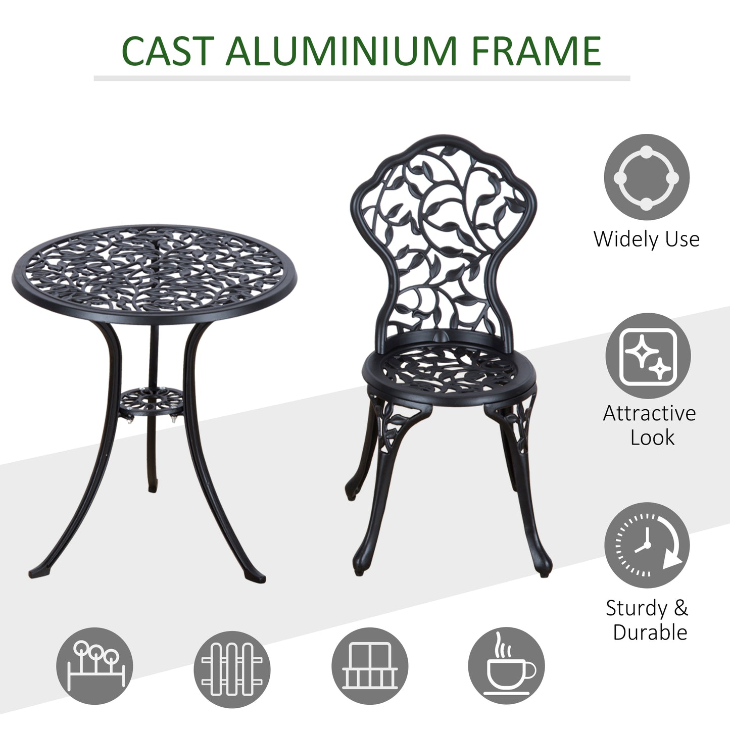 Outsunny Cast Aluminium Bistro Set: Antique Style 3-Piece Garden Furniture with Table & Chairs, Outdoor Seating