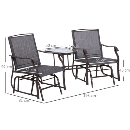 Outsunny Garden Double Glider Rocking Chairs Gliding Love Seat with Middle Table Conversation Set Patio Backyard Relax Outdoor Furniture Grey