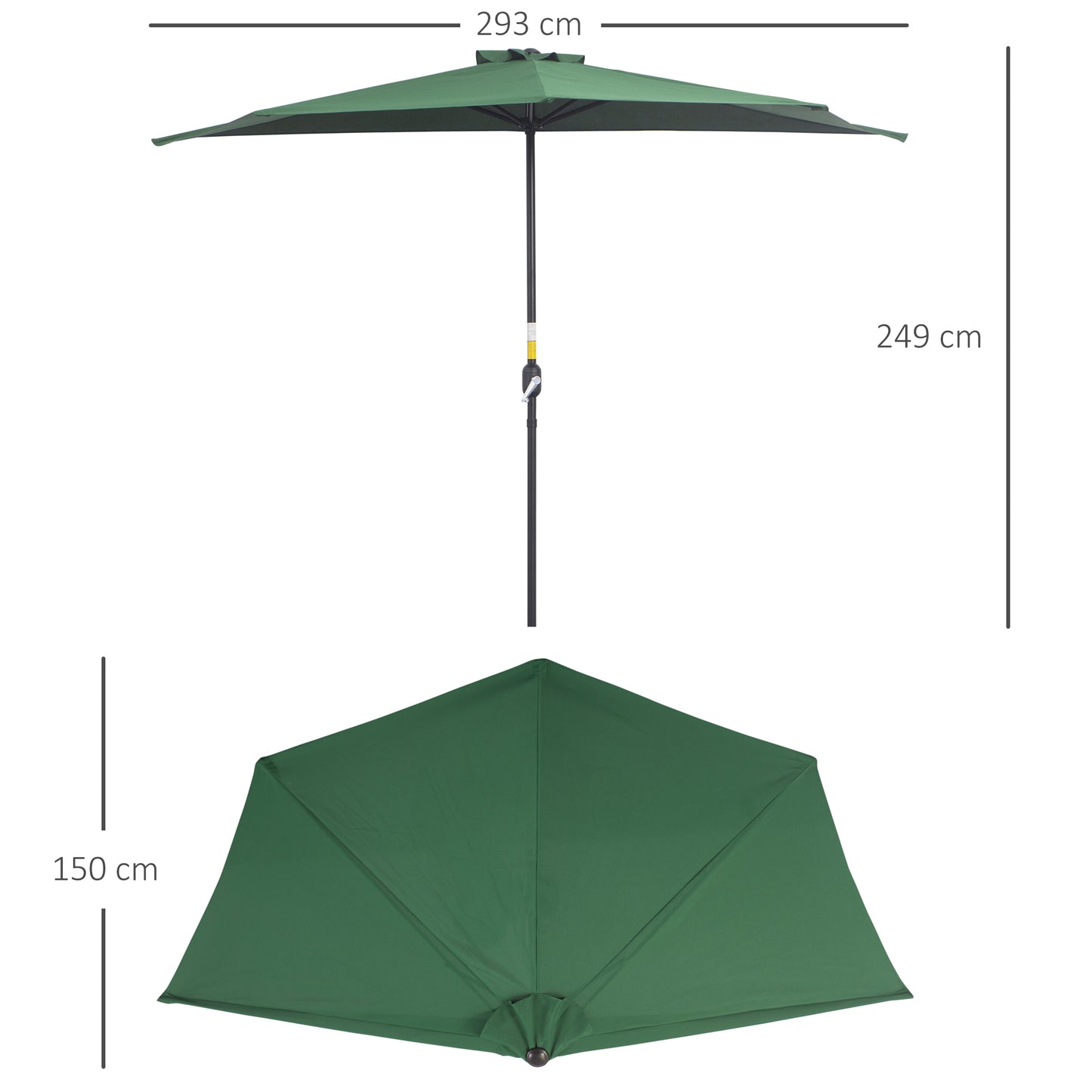 Outsunny 3(m) Half Parasol Semi Round Umbrella Patio Metal Frame Crank Handle for Balcony NO BASE INCLUDED, Green
