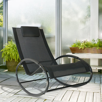 Outsunny Rocking Chair Sun Lounger Recliner Rocker Texteline Fabric Patio Garden Relaxer with Pillow Black