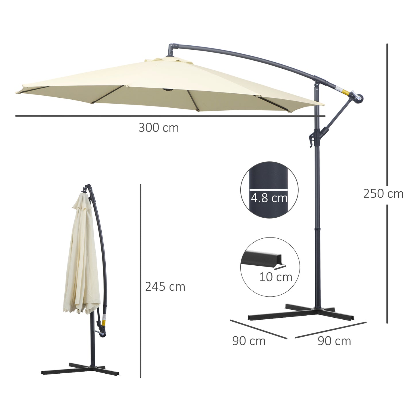 Outsunny Cantilever Parasol: 3m Patio Banana Hanging Umbrella, Crank & Tilt, 8 Ribs, Cross Base, Creamy White