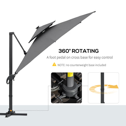 Outsunny 3 x 3(m) Cantilever Roma Parasol Garden Sun Umbrella Outdoor Patio with LED Solar Light Cross Base 360° Rotating for Backyard Dark Gray