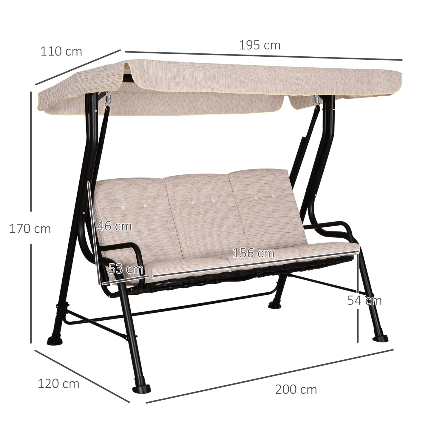 Outsunny 3 Seater Outdoor Garden Swing Chairs Thick Padded Seat Hammock Canopy Porch Patio Bench Bed - Beige