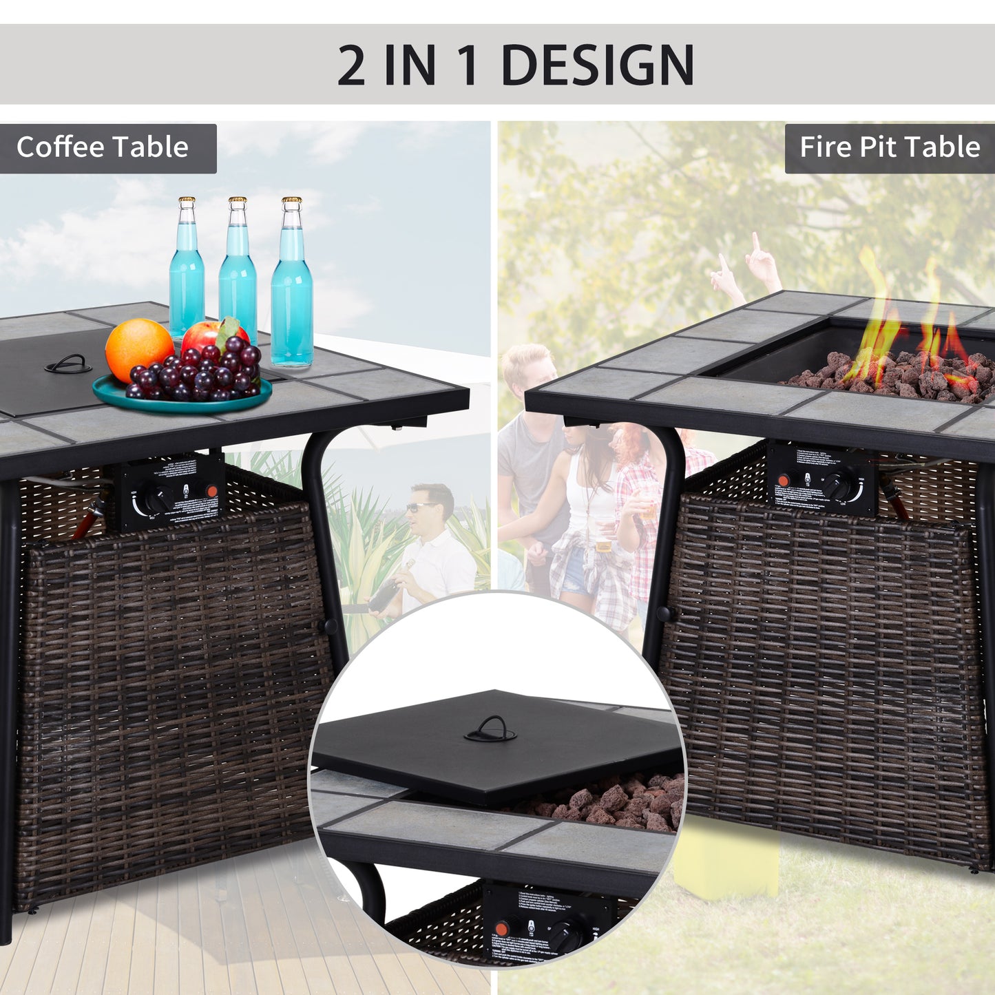 Outsunny Square Outdoor PE Rattan Fire Pit Table Gas Burner Heater w/ Control Panel, Slate Top, Lid and Lava Rocks, 50,000 BTU