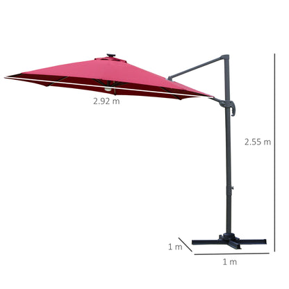 Outsunny 3(m) Cantilever Roma Parasol Adjustable Garden Sun Umbrella with LED Solar Light Cross Base 360° Rotating, Red