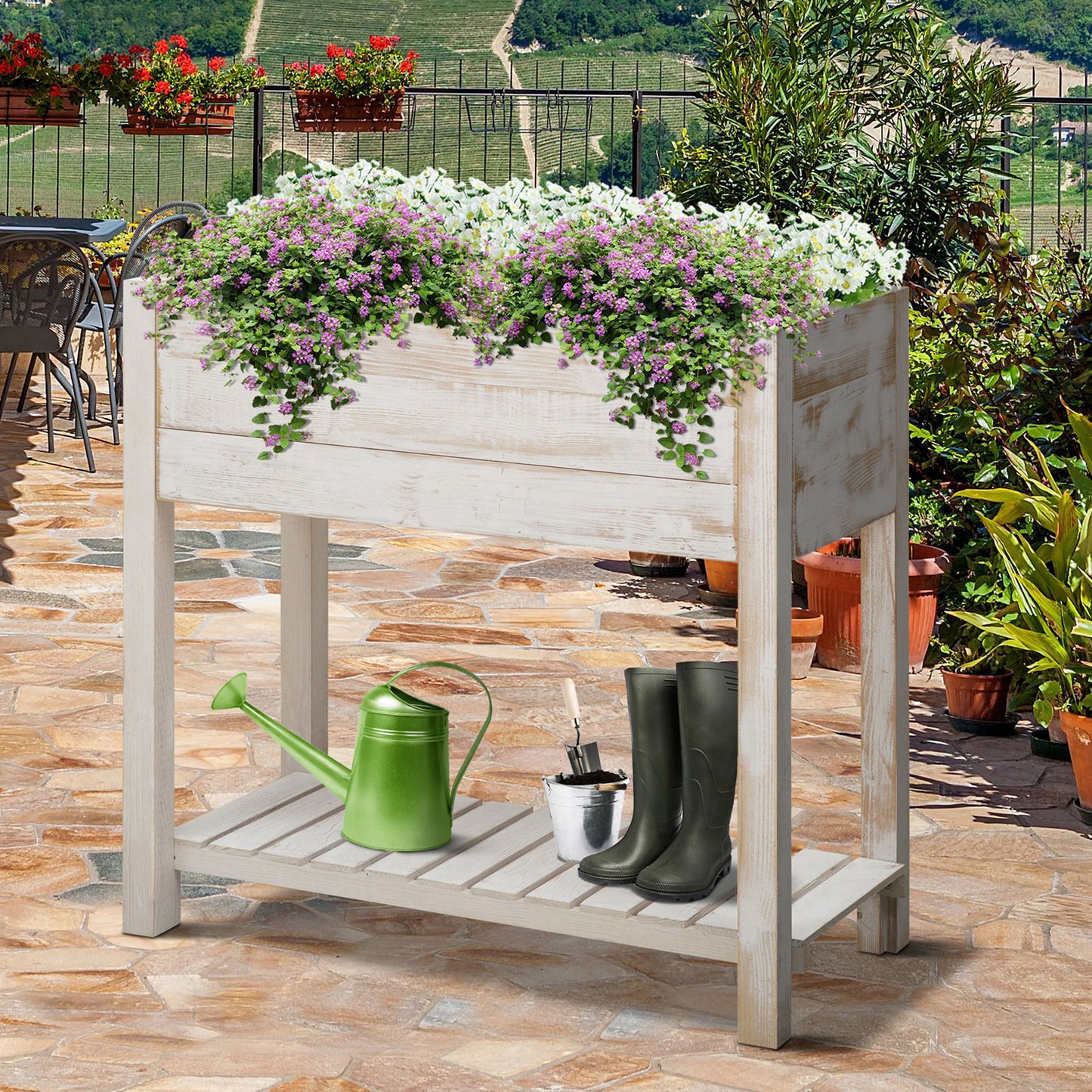 Outsunny Tiered Raised Planter: Elevated Gardening Bed with Pockets for Veggies, Flowers & Herbs, White