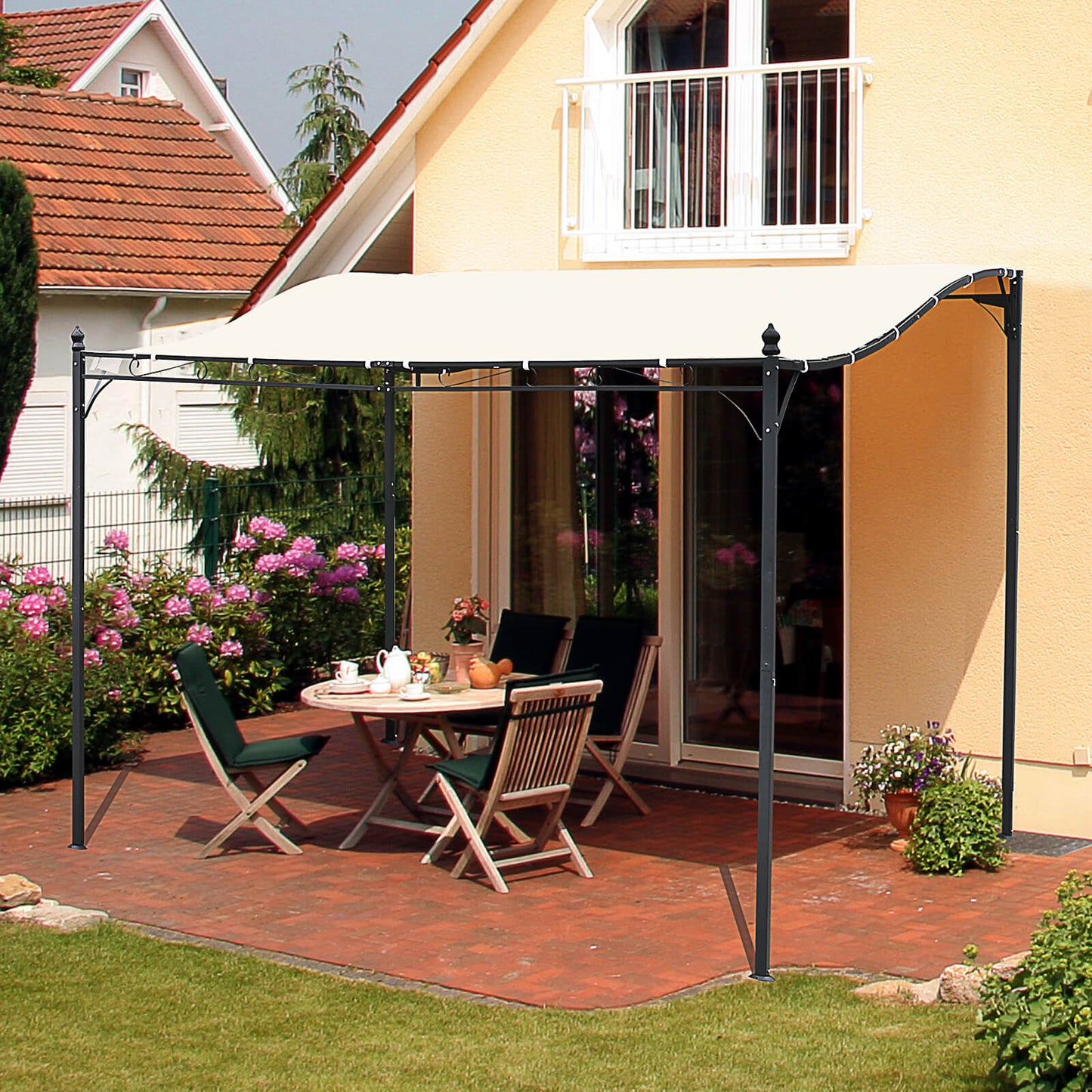 Outsunny Elegant Pergola Gazebo Metal Frame Elegant Scrolling Weather-Resistant Canopy Sun Rain Shade Garden Outdoor Shelter 3x3(m), Cream White