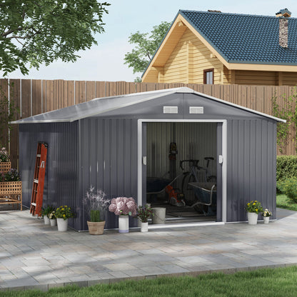 Outsunny 13 x 11ft Foundation Ventilation Steel Outdoor Garden Shed Grey