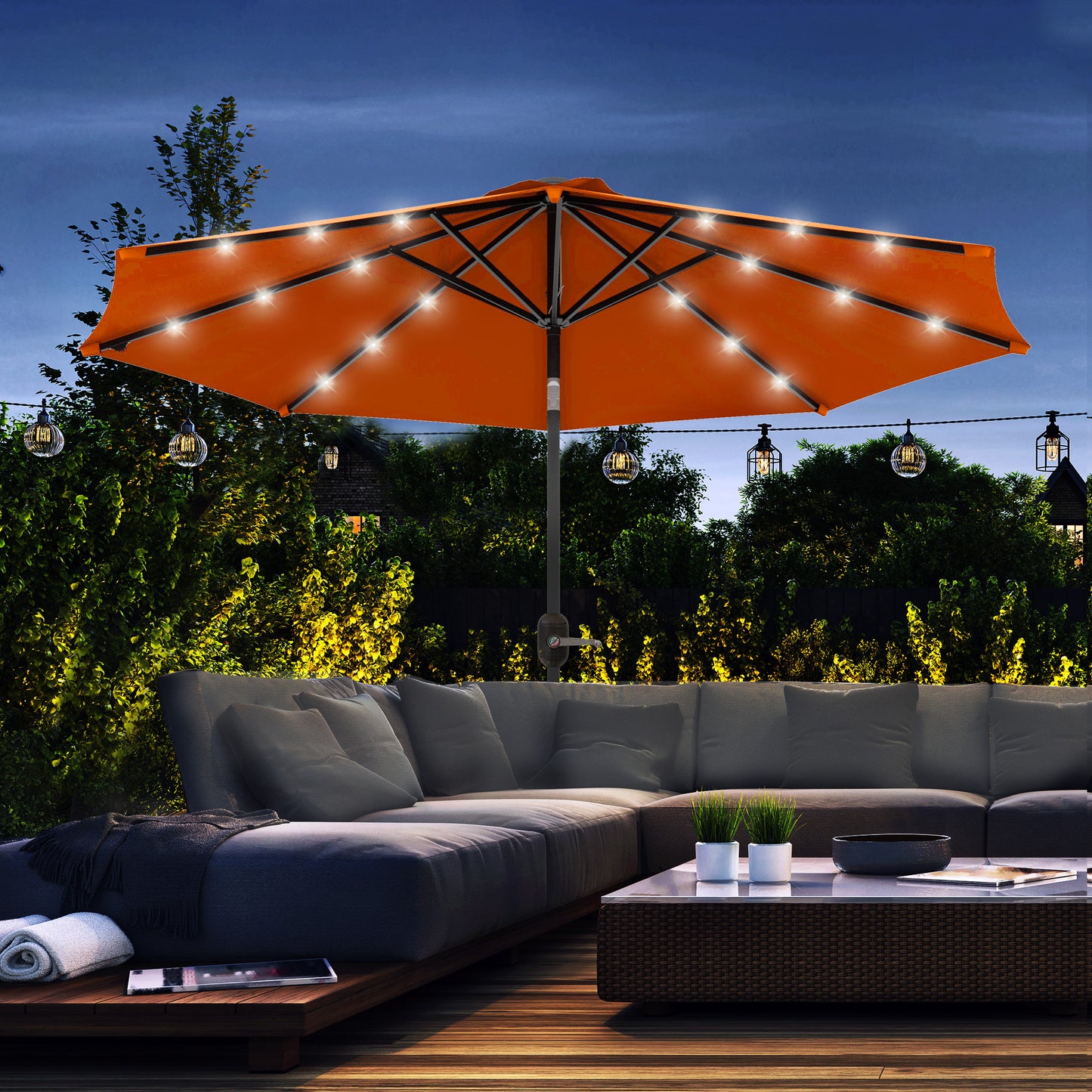 Outsunny 2.7m Outdoor Patio Garden Umbrella Parasol with Tilt Crank and 24 LEDs Lights, Orange