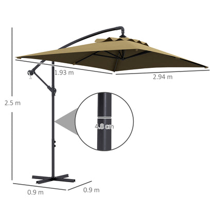 Outsunny Cantilever Parasol: Crank-Operated, 6 Ribs, Cross Base, Rectangular Banana Hanging Umbrella, 3x2m, Brown