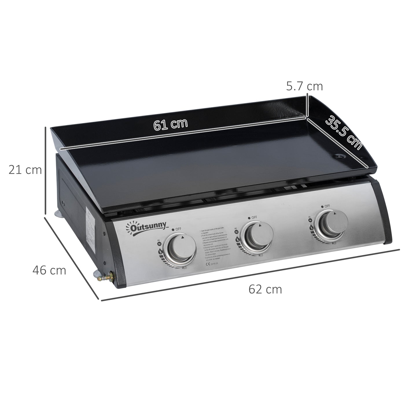 Outsunny Gas Plancha Grill with 3 Stainless Steel Burner, 9kW, Portable Tabletop Gas BBQ w/Non-Stick Griddle for Camping Picnic Garden Party Festival